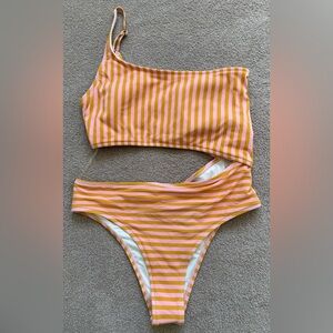 NEW - Quiksilver - Classic One Shoulder Striped Coral One Piece Swimsuit
